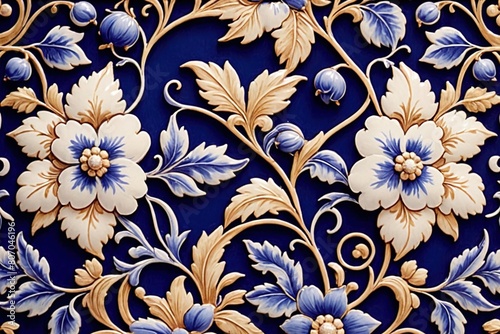 Blue white retro vintage arabesque wallpaper wall texture background floral flowers leaves print