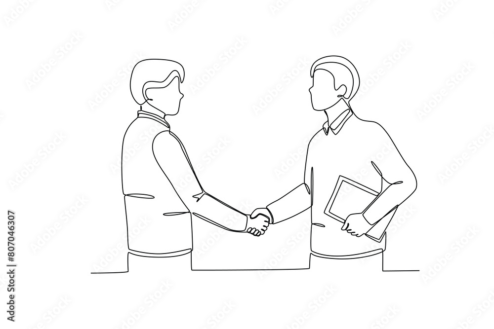 Single continuous line drawing of young Coworkers shaking hands. Business agreement celebration concept continuous line graphic draw design vector illustration Single continuous line drawing of young Coworkers shaking hands. Business agreement celebration concept continuous line graphic draw design vector illustration