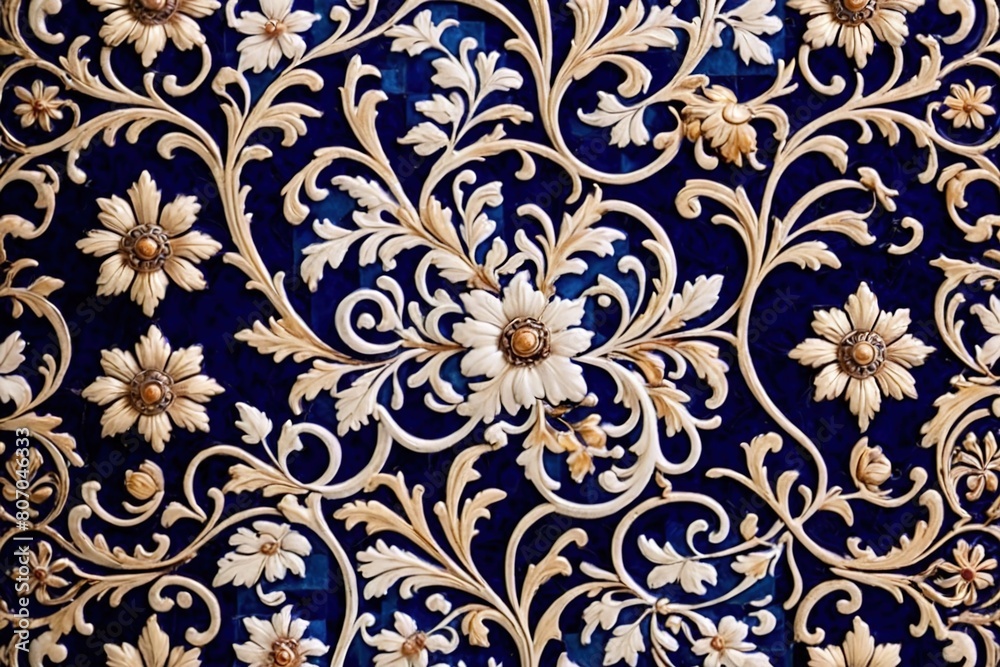 Blue white retro vintage arabesque wallpaper wall texture background floral flowers leaves print