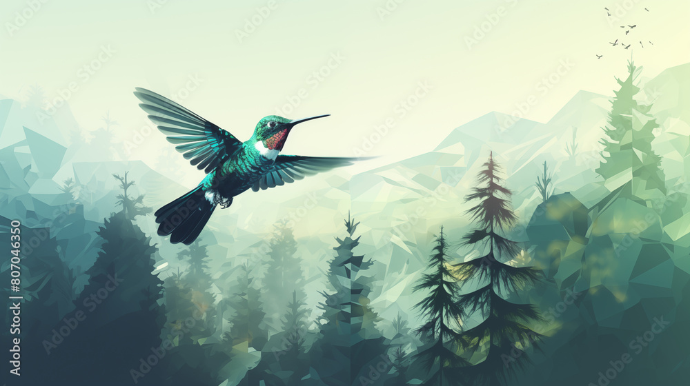 Fototapeta premium Double Exposure, Ruby Throated Hummingbird Illustration ~ Created using Generative AI