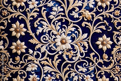 Blue white retro vintage arabesque wallpaper wall texture background floral flowers leaves print
