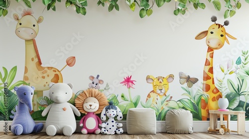 Create a whimsical scene of a nursery with colorful wall decals and stuffed animalsWater color, hand drawing