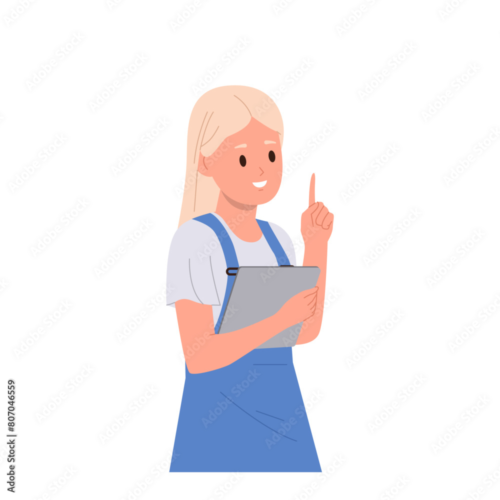 Satisfied girl student child character holding digital mobile tablet pointing finger up having idea Satisfied girl student child character holding digital mobile tablet pointing finger up having idea