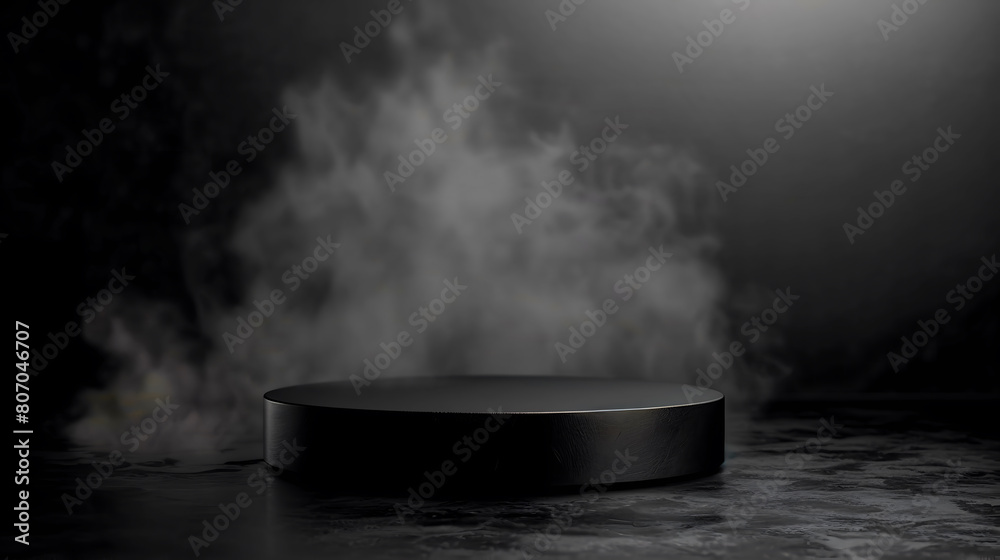 Black plaform on black studio background with smoke