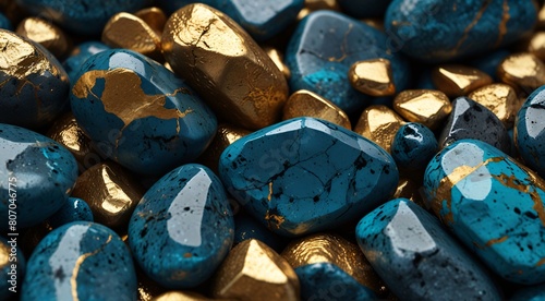 Close-up of polished turquoise and gold nuggets, creating a luxurious and rich textured background