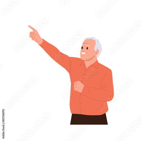 Smiling happily senior man isolated cartoon character looking up and pointing with index finger