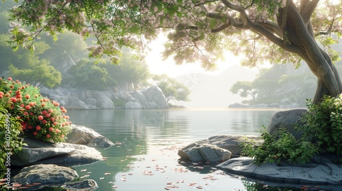 A serene and peaceful scene of a lake surrounded by trees and rocks