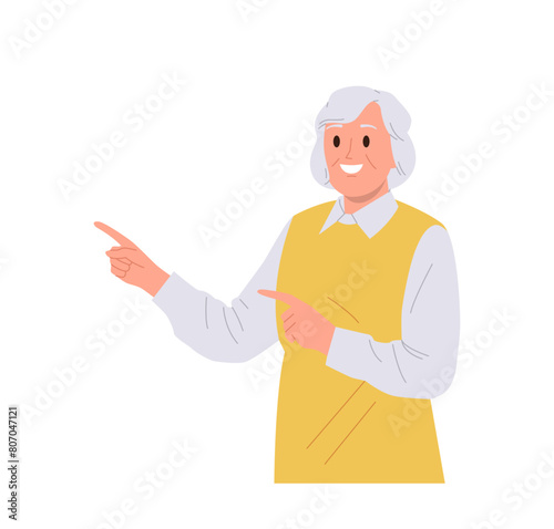 Old elderly smiling woman isolated cartoon character pointing aside with index finger hand gesture