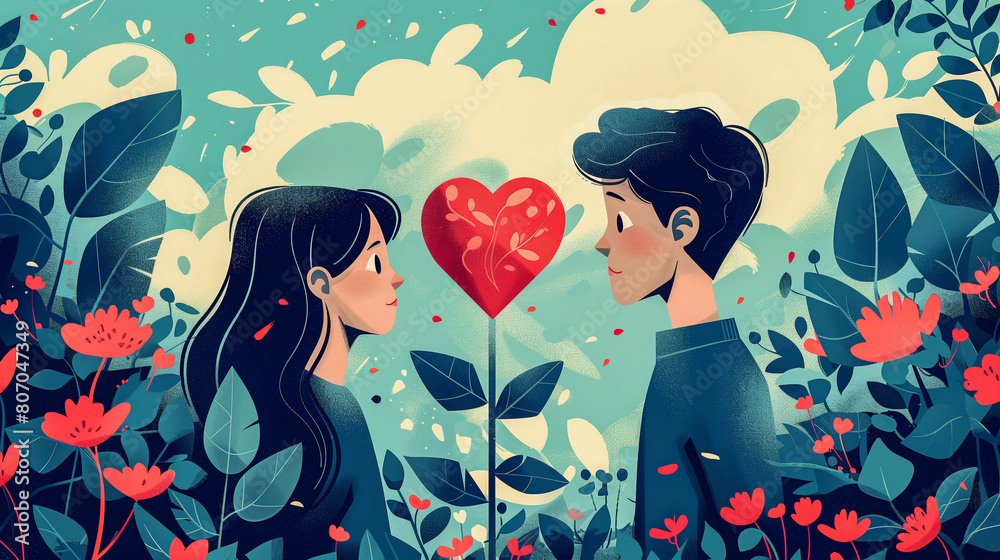 Fototapeta premium Romantic Valentine's Day Illustration of Young Couple Surrounded by Heart Shapes and Red Flowers in a Dreamy Forest