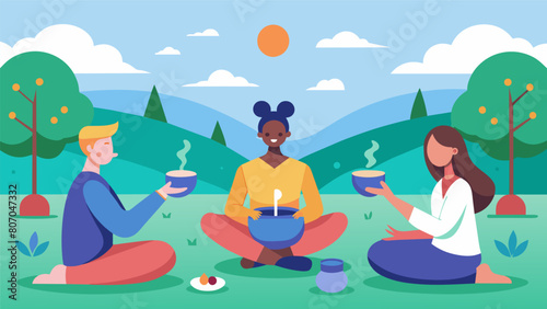 At a park a sound healing session combines gentle stretching with the calming vibrations of crystal singing bowls and nature sounds for a peaceful. Vector illustration