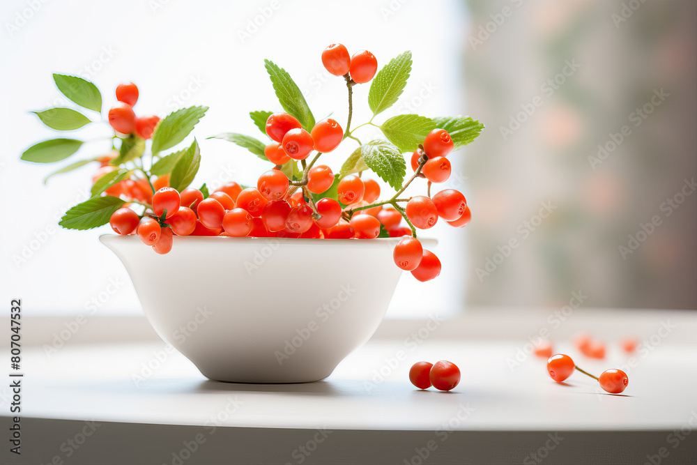Vibrant Red Cowberry in White Bowl on Bright Background Vibrant Red Cowberry in White Bowl on Bright Background