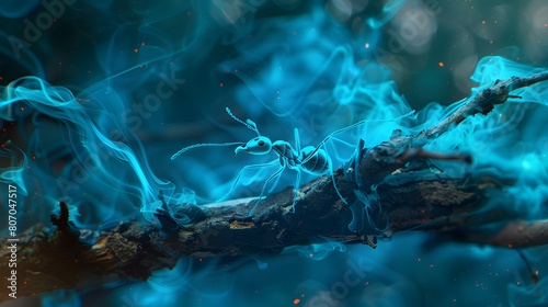 ants by walking on tree branches with neon light and smoke effects