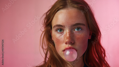 Young woman blowing a pink bubble with bubble gum against a pink backdrop