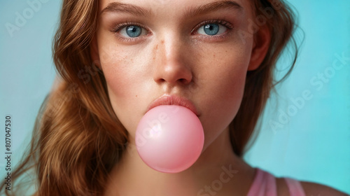 Young woman blowing a pink bubble with bubble gum against a blue backdrop © Vladimir