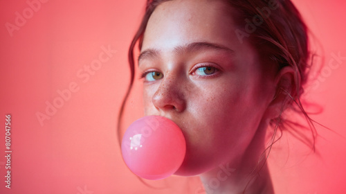Young girl blowing a pink bubble with bubble gum against a pink backdrop