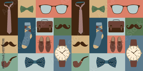 Men's clothing and accessories set. Gentleman's set with smoking pipe, bow tie, boots, watch. Seamless geometric pattern.