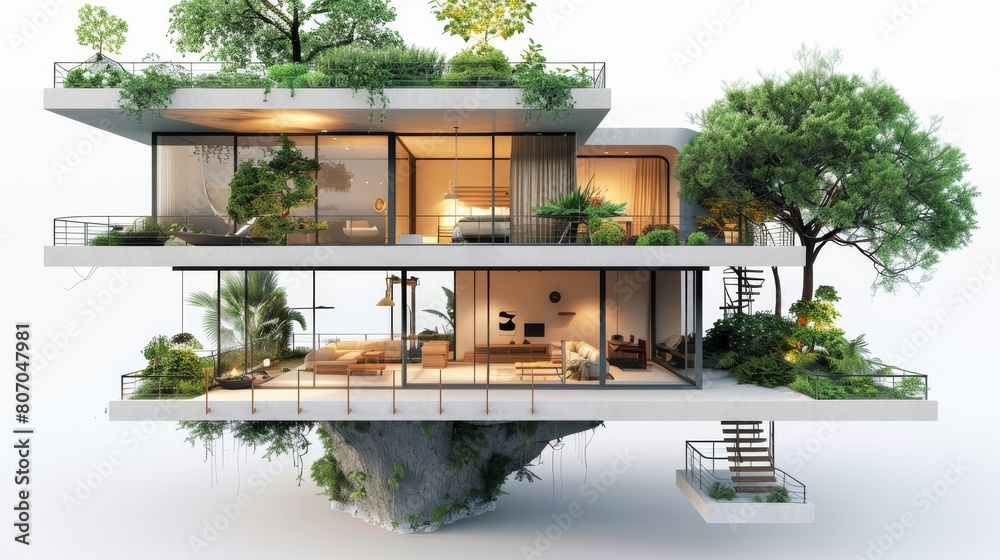 A three story house with a tree growing out of it A three story house with a tree growing out of it
