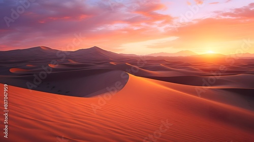 Desert sand dunes panorama at sunset. 3d render