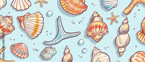 Seashells and starfish seamless pattern, hand-drawn design perfect for textiles, banners, wallpapers.