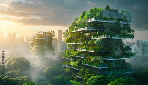 Carbon neutral city concept, 3D rendered, self-sustaining buildings, lush greenery, futuristic design © Nat