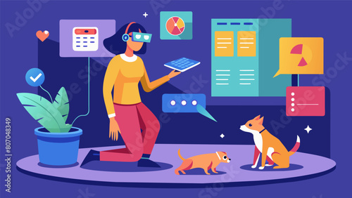 A virtual reality training platform with AIgenerated scenarios and feedback allowing pet owners to practice and improve their training skills.. Vector illustration