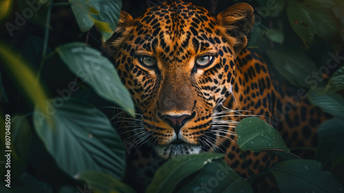 A leopard peeks out from the shadows of the dense forest foliage