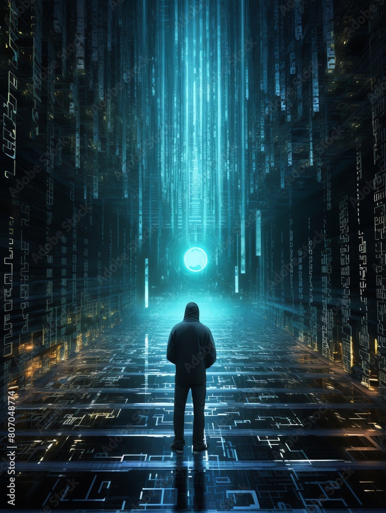 Binary world. A man in a black hoodie stands in a digital world.