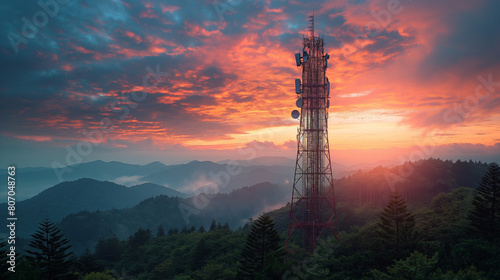 Telecommunication tower in boondocks remote area with forest and mountain background for telecommunication infrastructure concept. photo