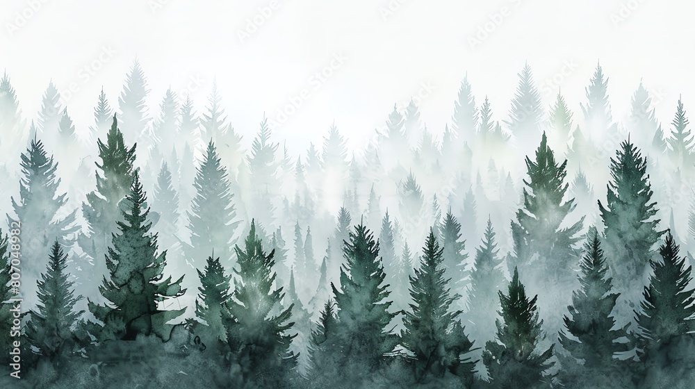 Illustrate the depth and texture of a pine forest with layers of overlapping treesWater color,  hand drawing