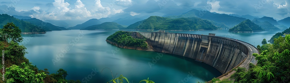 Hydroelectric dam, wideangle, amidst verdant landscapes, clean energy generation, ecotech