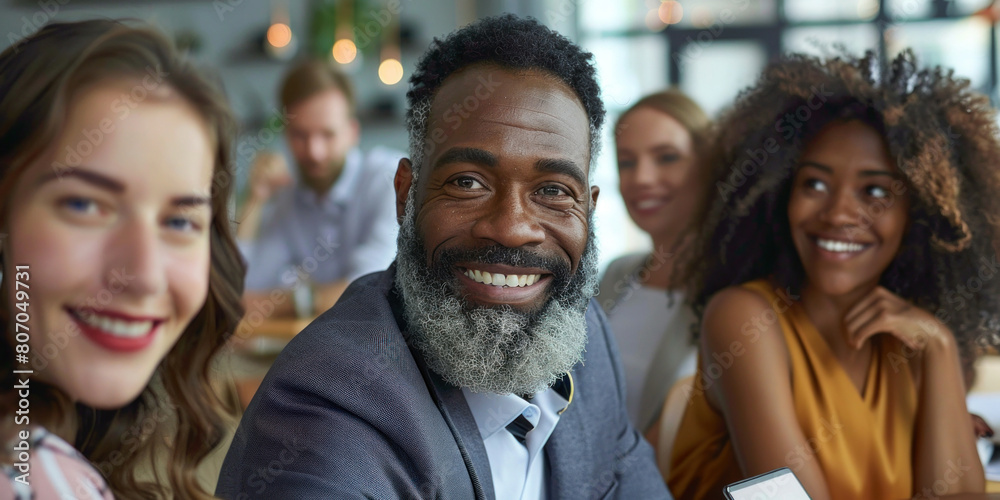 Portrait of a cheerful African American man with a beard smiling at the camera surrounded by a group of people Portrait of a cheerful African American man with a beard smiling at the camera surrounded by a group of people