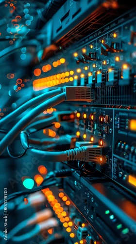 Networking hub, wideangle, cables woven into switch, softfocus, LED signals, infrastructure network