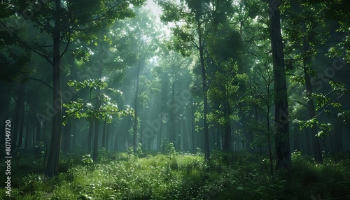 3Drendered forest with carbon absorption stats  budget countdown integrated  naturalistic yet tech-enhanced