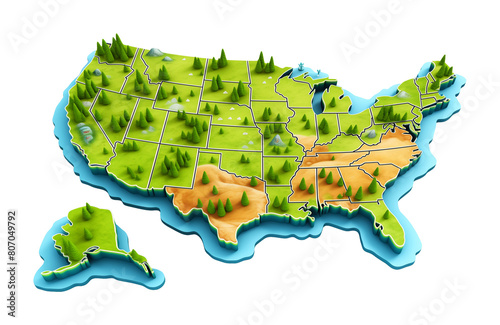 Map of America 3D Cartoon Style Isolated on Transparent Background
