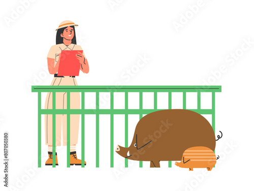 Zoologist studying boar vector illustration