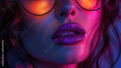 Fashion portrait of a young beautiful woman with focus on purple lips