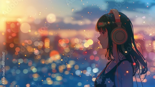 The picture shows a girl wearing headphones and looking at the city. The background is blurred with bokeh lights. photo