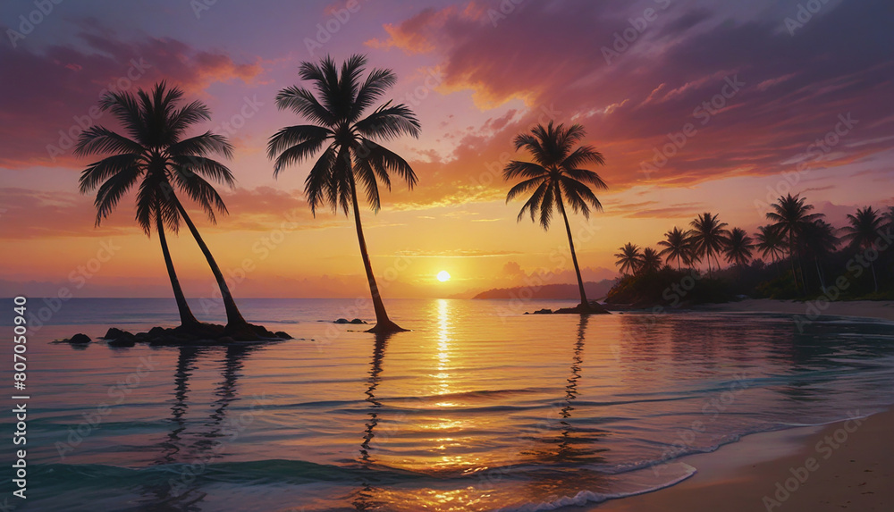 Pastel painting: A lush, tropical paradise, with swaying palm trees, crystal-clear waters, and a golden sunset reflecting on the horizon, all painted in the vibrant, rich colors and smooth,