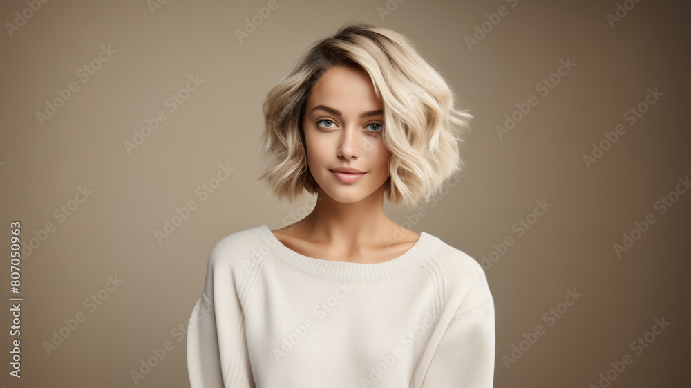 Obraz premium Portrait of a smiling young woman in beige sweater on brown-gray background