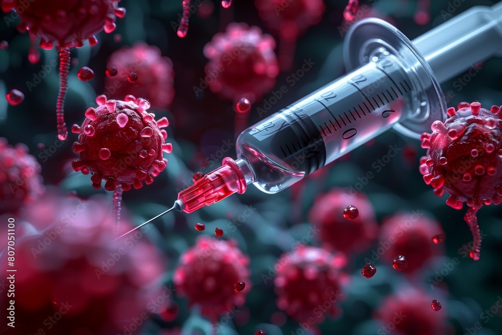 Pink cells and viruses are targeted by a medical syringe as it administers a vaccine to fight infection. Pink cells and viruses are targeted by a medical syringe as it administers a vaccine to fight infection.