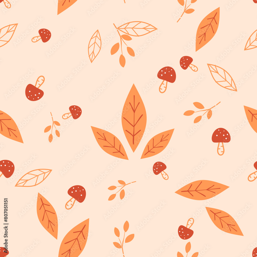 Seamless pattern with Autumn leaves, branch and red mushroom on orange background vector.
