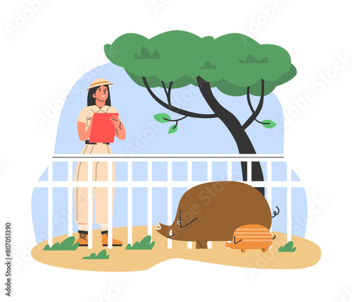 A female zoologist watches wild boars. flat illustration.