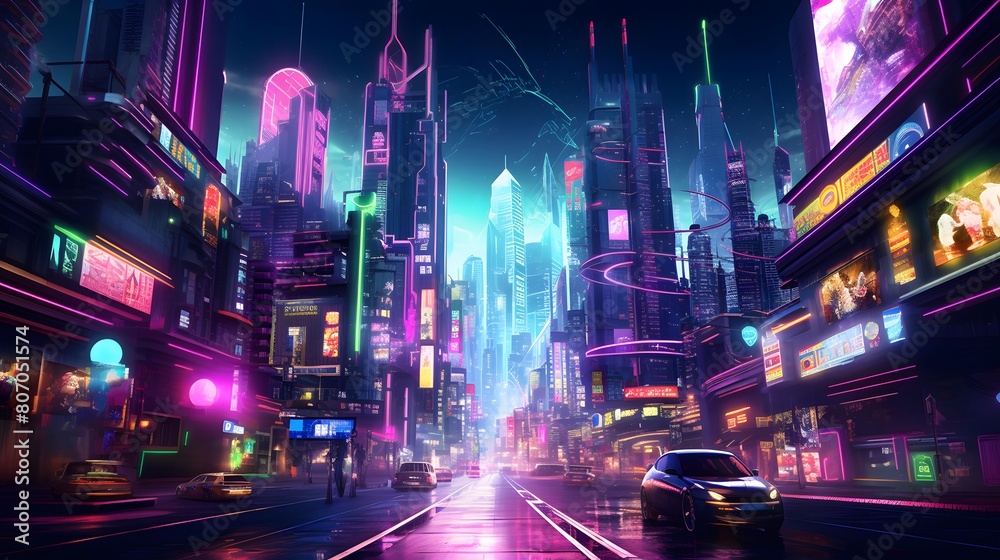 Night view of the modern city. The concept of the future.