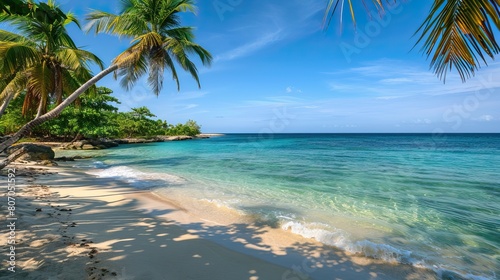 White sand with palm trees and emerald sea. A heavenly place to relax. Luxurious tropical landscape. Beautiful exotic summer beach background for design. © Innavector