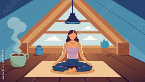 A serene home yoga session in a converted attic space with exposed wooden beams and a large incense burner filling the room with a calming aroma.. Vector illustration
