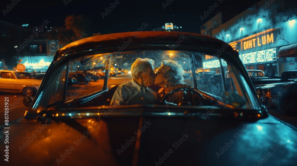 © Jay Koppelman - Elderly couple on date making out in vintage car at night
