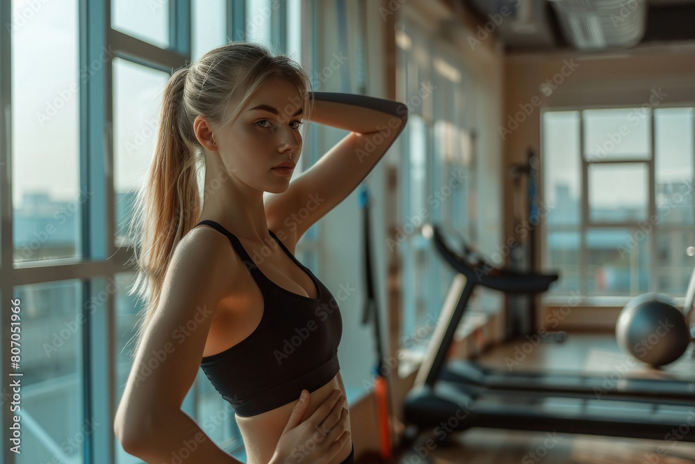 Young sporty woman stretching at the gym