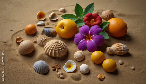 Sand painting  A still-life composition  featuring simple objects such as flowers  fruits  and shells  all created from layers of colored sand with delicate textures and shades 