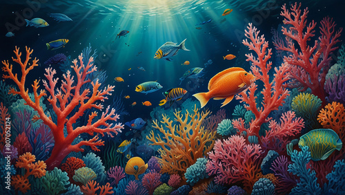 Silk painting: A captivating, underwater scene, with a lush coral reef, diverse marine life, and a sense of depth and fluidity,