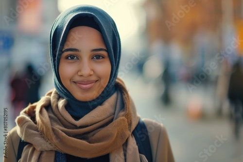 Beautiful young Muslim woman in urban setting smiling at camera